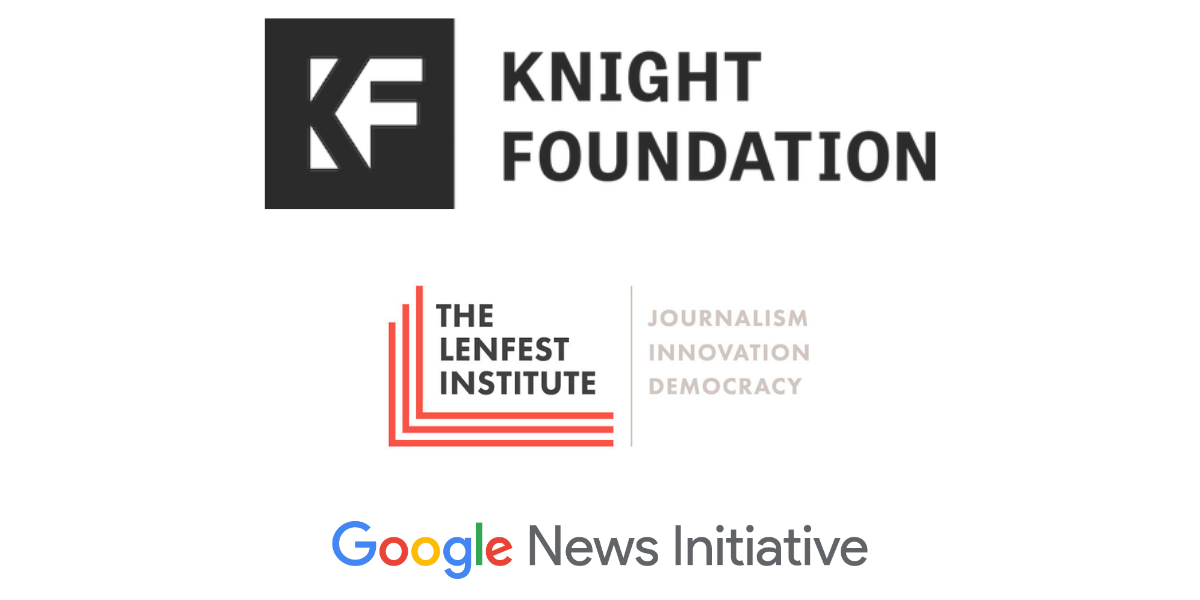 Logos for Knight Foundation, The Lenfest Institute, and Google News Initiative