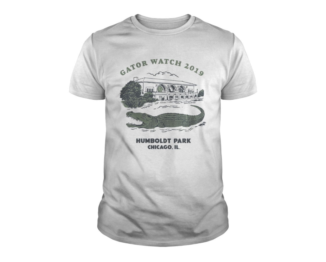 Block Club Chicago sold more than 4,000 of these Gator Watch T-shirts after breaking the news of an alligator sighting in Humboldt Park. 