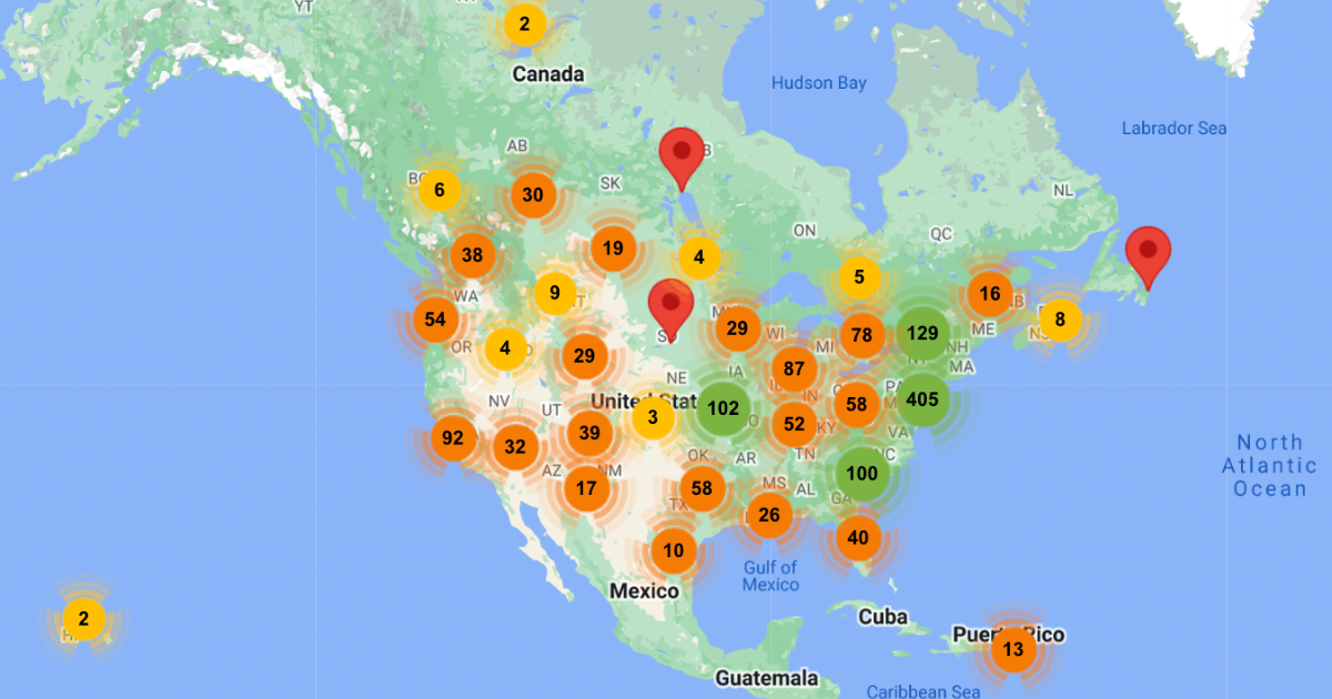 Image of North American map with pinpoints indicating local news outlets